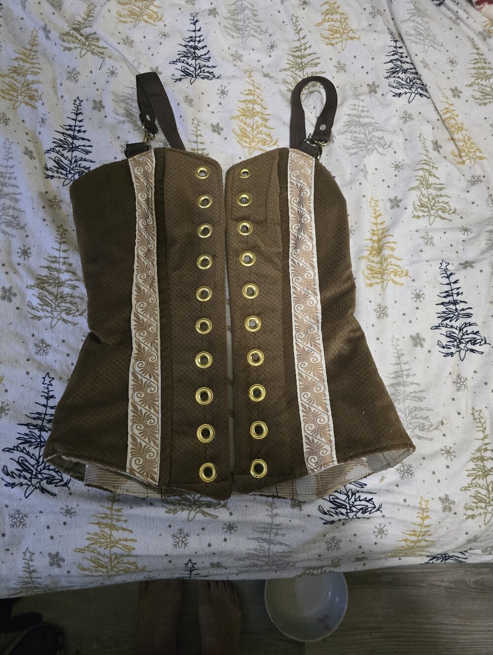 Brown Eyelet Corset-Style Camisole Top with Decorative Trim SEE measurements